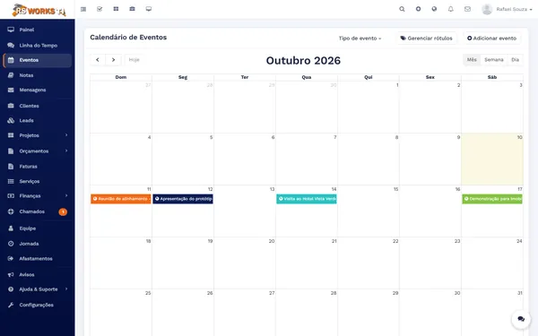 Calendário de eventos da equipe