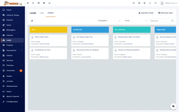 Leads em kanban por etapa da venda