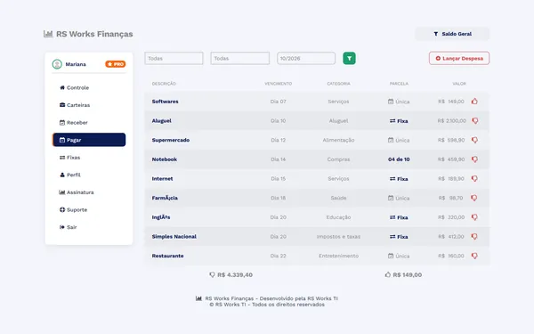 Contas a pagar, com fixas e parceladas